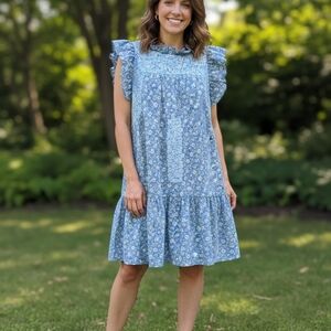 Chic Blue Floral Midi Dress with Ruffle Sleeves